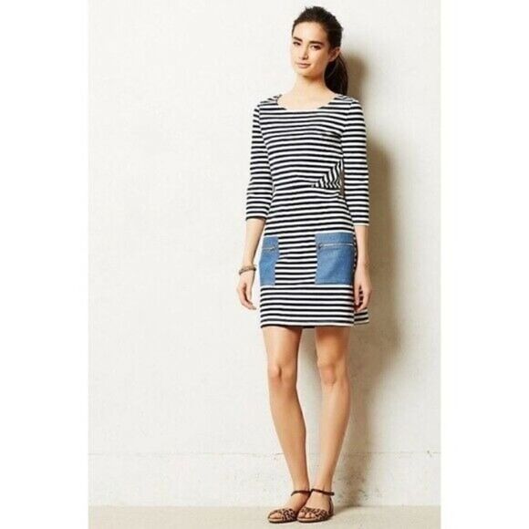 Tabitha Anthropologies Womens Blue White Striped Pockets Marin Mini Dress Sz 0 - Picture 1 of 5